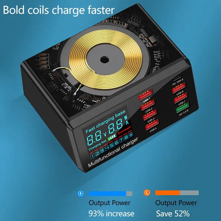 X9 9 in 1 QC 3.0 USB Interface + 6 USB Ports + PD 65W Ports + QI Wireless Fast Charging Multi-function Charger with LED
