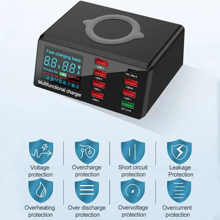 X9 9 in 1 QC 3.0 USB Interface + 6 USB Ports + PD 65W Ports + QI Wireless Fast Charging Multi-function Charger with LED