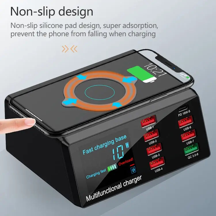 X9 9 in 1 QC 3.0 USB Interface + 6 USB Ports + PD 65W Ports + QI Wireless Fast Charging Multi-function Charger with LED