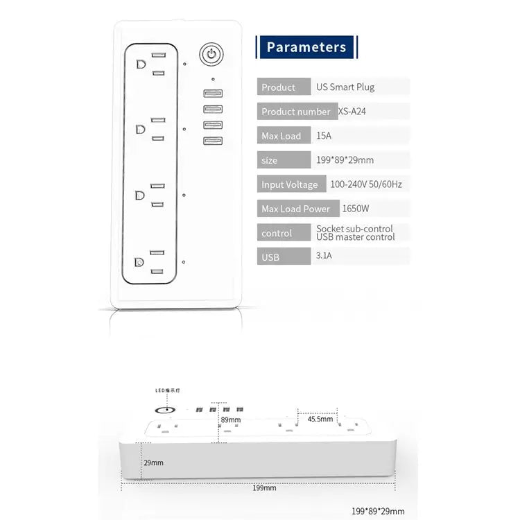 XS-A24 WiFi Smart Power Plug Socket Wireless Remote Control Timer Power Switch with USB Port Compatible with Alexa