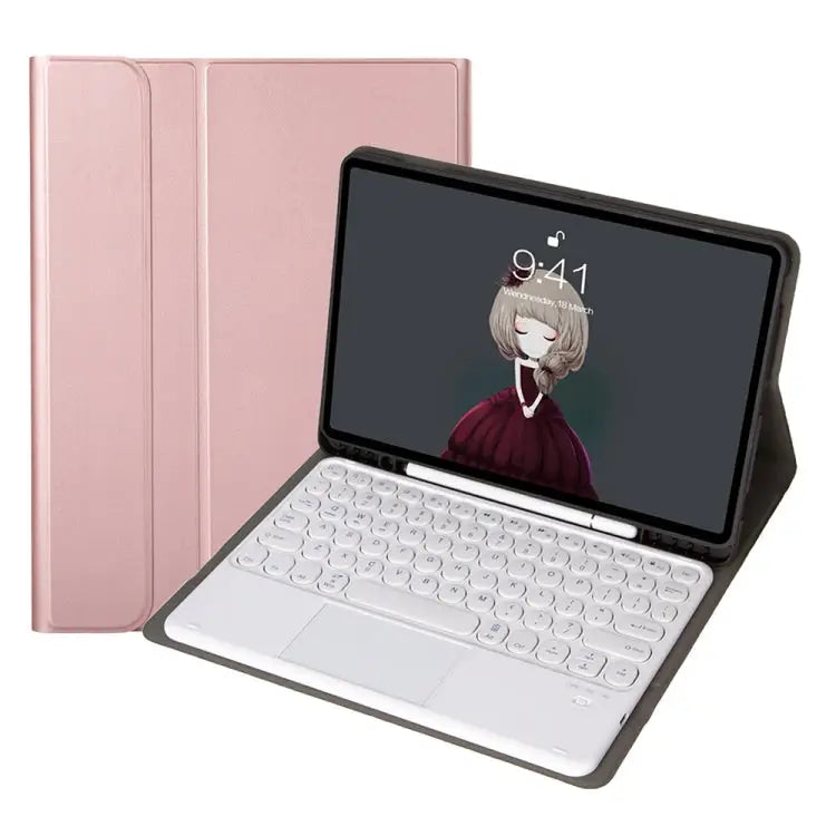 YA098B-A Detachable Lambskin Texture Round Keycap Bluetooth Keyboard Leather Case with Touch Control & Pen Slot & Stand