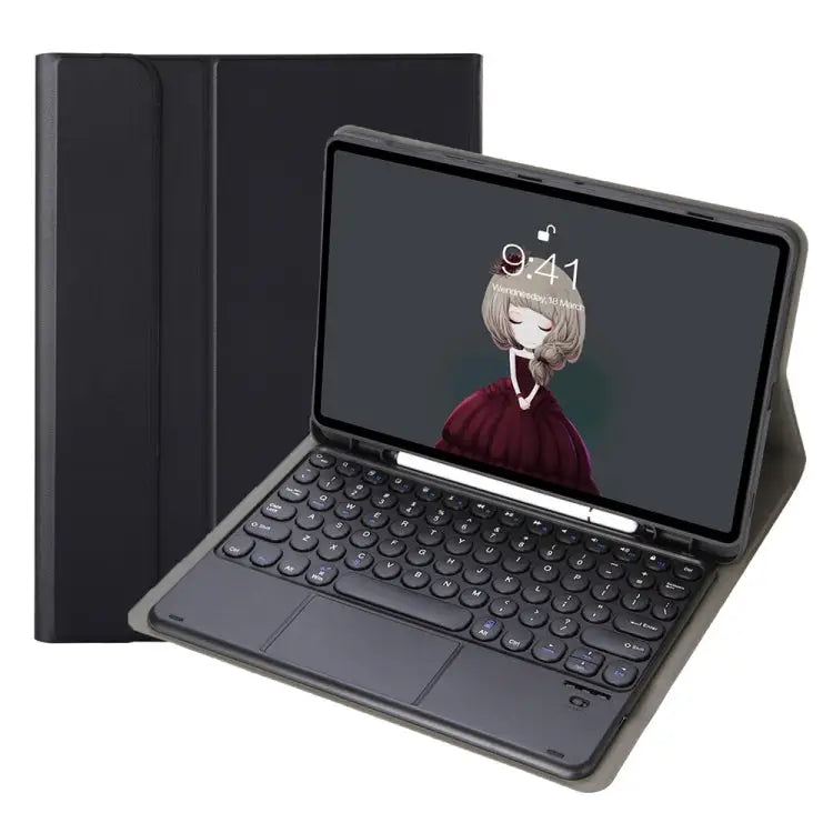 YA098B-A Detachable Lambskin Texture Round Keycap Bluetooth Keyboard Leather Case with Touch Control & Pen Slot & Stand