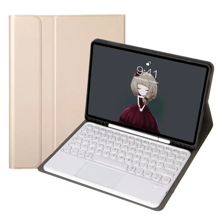 YA098B-A Detachable Lambskin Texture Round Keycap Bluetooth Keyboard Leather Case with Touch Control & Pen Slot & Stand