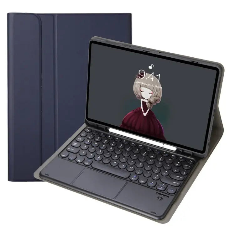 YA098B-A Detachable Lambskin Texture Round Keycap Bluetooth Keyboard Leather Case with Touch Control & Pen Slot & Stand