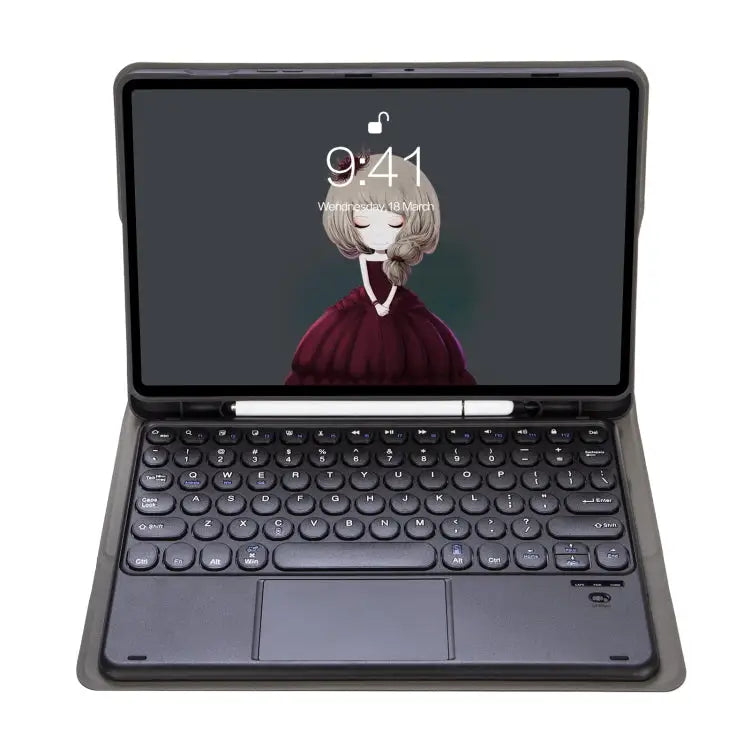 YA098B-A Detachable Lambskin Texture Round Keycap Bluetooth Keyboard Leather Case with Touch Control & Pen Slot & Stand