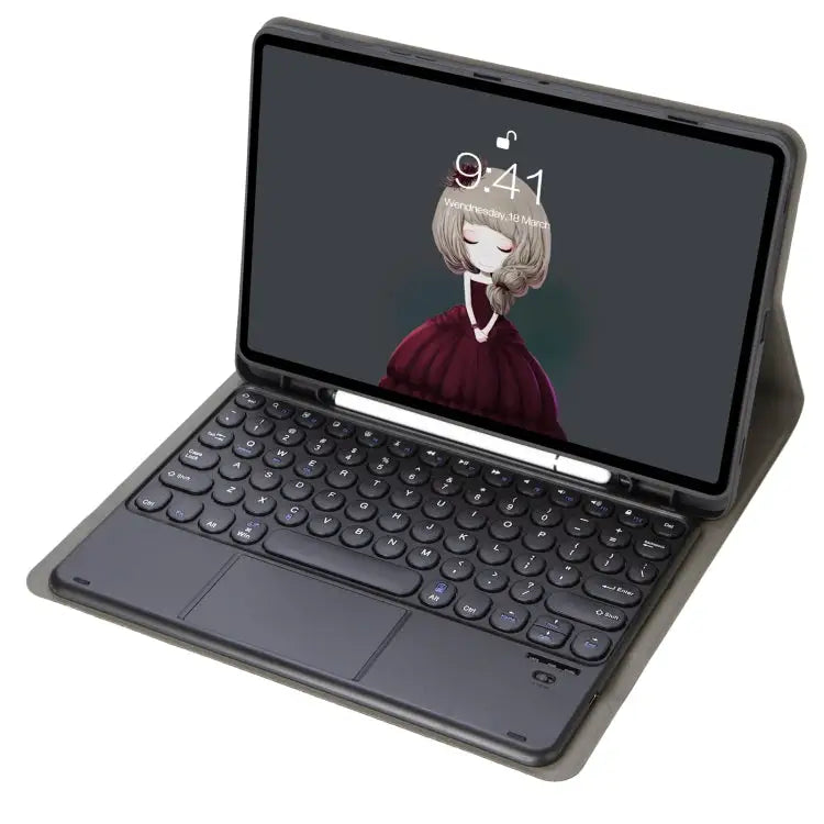 YA098B-A Detachable Lambskin Texture Round Keycap Bluetooth Keyboard Leather Case with Touch Control & Pen Slot & Stand