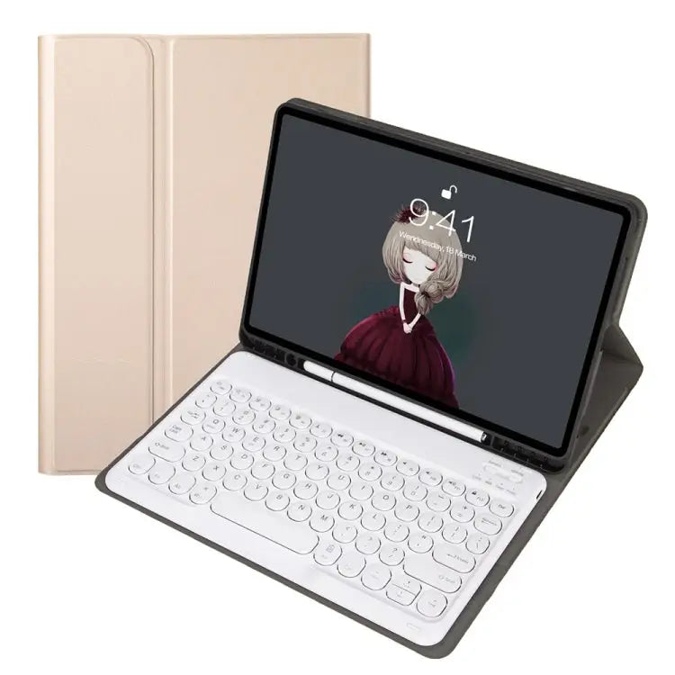 YA098B Detachable Lambskin Texture Round Keycap Bluetooth Keyboard Leather Case with Pen Slot & Stand For iPad Air 5