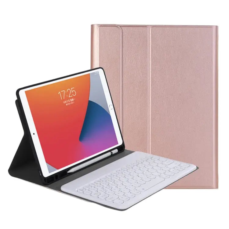 YA098B Detachable Lambskin Texture Round Keycap Bluetooth Keyboard Leather Case with Pen Slot & Stand For iPad Air 5