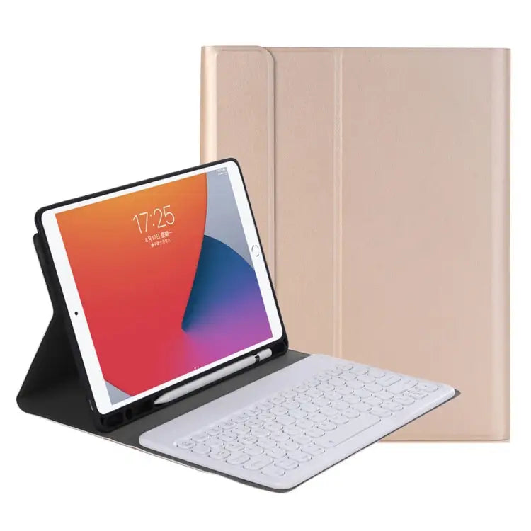 YA098B Detachable Lambskin Texture Round Keycap Bluetooth Keyboard Leather Case with Pen Slot & Stand For iPad Air 5