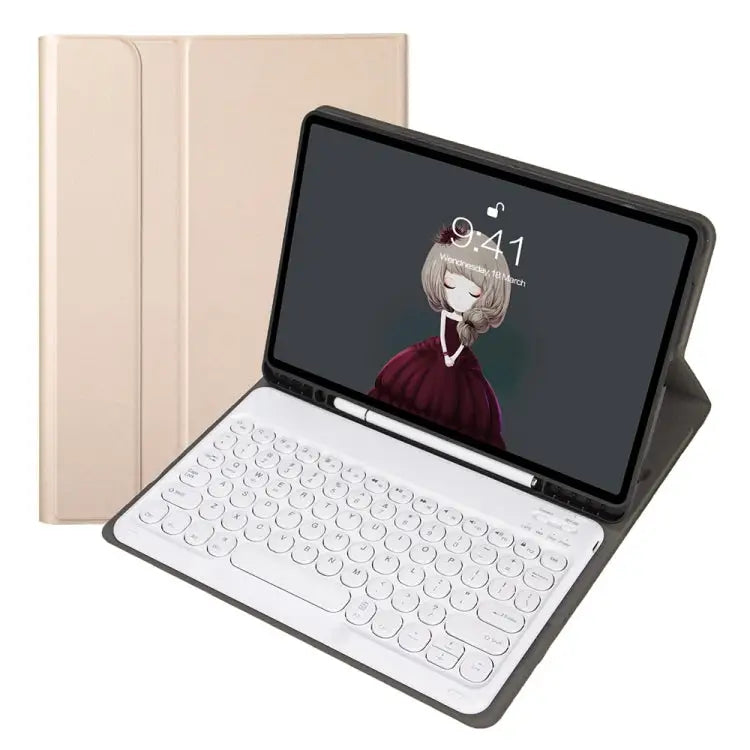 YA098B Detachable Lambskin Texture Round Keycap Bluetooth Keyboard Leather Case with Pen Slot & Stand For iPad Air 5