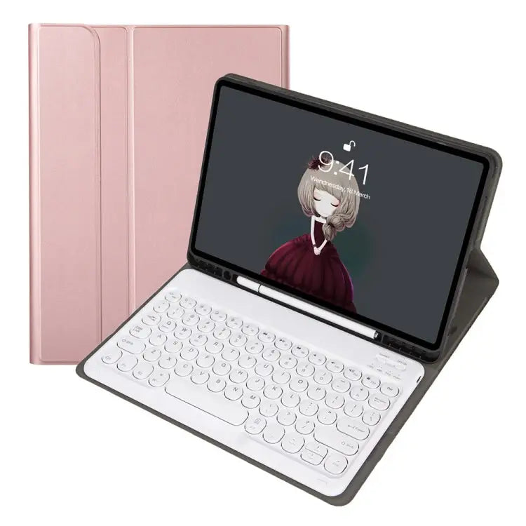 YA098B Detachable Lambskin Texture Round Keycap Bluetooth Keyboard Leather Case with Pen Slot & Stand For iPad Air 5