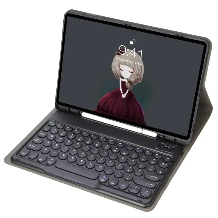 YA11B 2021 Detachable Lambskin Texture Round Keycap Bluetooth Keyboard Leather Case with Pen Slot & Stand For iPad Pro