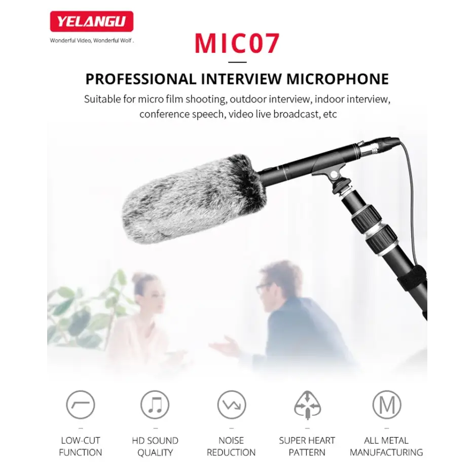 YELANGU YLG9933A MIC07 Professional Interview Condenser Video Shotgun Microphone with 6.5mm Audio Adapter & 3.5mm RXL