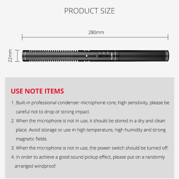 YELANGU YLG9933A MIC07 Professional Interview Condenser Video Shotgun Microphone with 6.5mm Audio Adapter & 3.5mm RXL