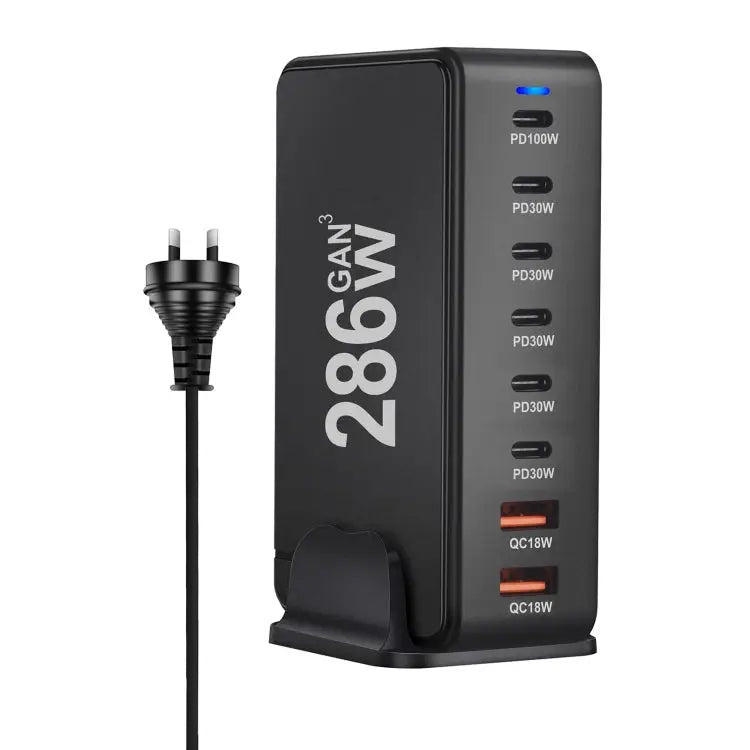 YMX-986 286W 6 Type-C 2 USB 8-Ports Desktop Fast Charger US Plug UK Plug EU Plug AU Plug - AU Plug / Black - Apple
