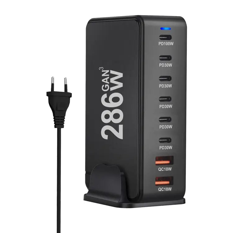 YMX-986 286W 6 Type-C 2 USB 8-Ports Desktop Fast Charger US Plug UK Plug EU Plug AU Plug - EU Plug / Black - Apple