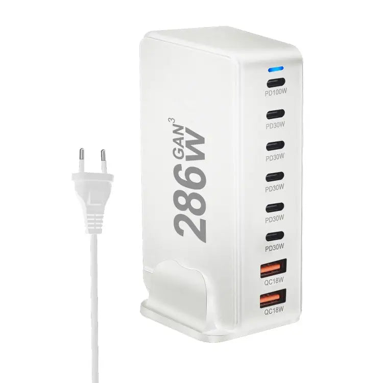 YMX-986 286W 6 Type-C 2 USB 8-Ports Desktop Fast Charger US Plug UK Plug EU Plug AU Plug - US Plug / White - Apple
