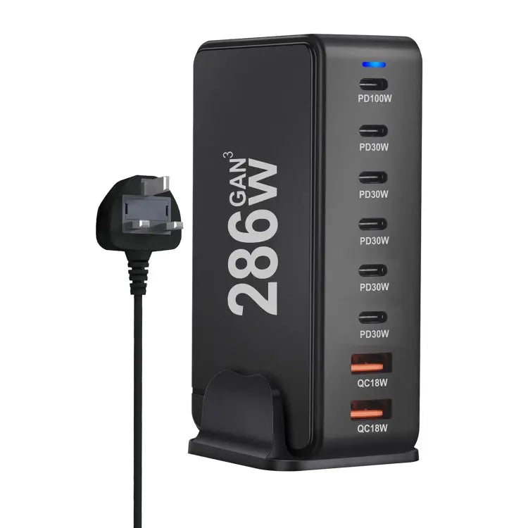 YMX-986 286W 6 Type-C 2 USB 8-Ports Desktop Fast Charger US Plug UK Plug EU Plug AU Plug - UK Plug / Black - Apple