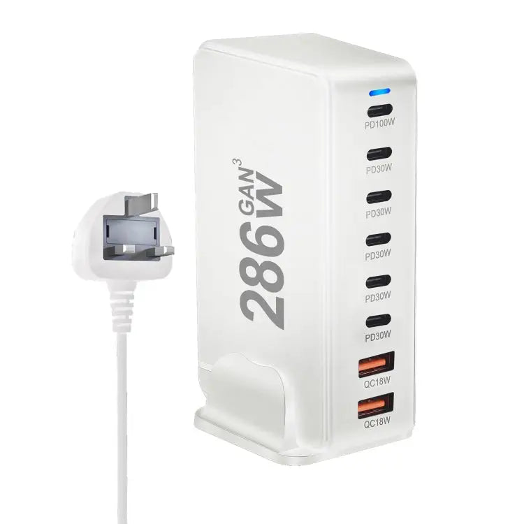 YMX-986 286W 6 Type-C 2 USB 8-Ports Desktop Fast Charger US Plug UK Plug EU Plug AU Plug - UK Plug / White - Apple