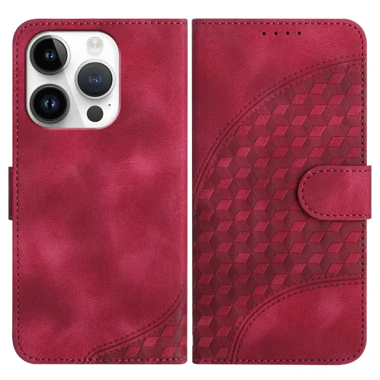 YX0060 Elephant Head Embossed Phone Leather Case with Lanyard - For iPhone 14 Pro / Rose Red