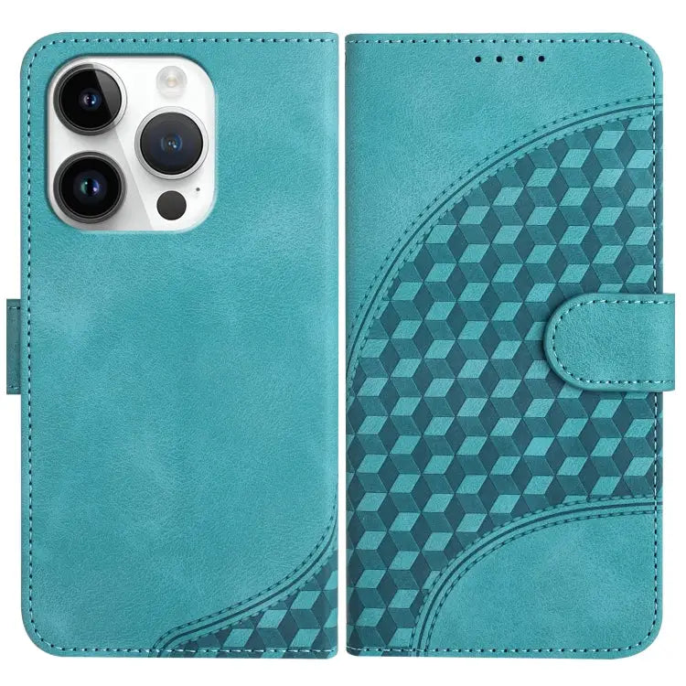 YX0060 Elephant Head Embossed Phone Leather Case with Lanyard - For iPhone 14 Pro / Light Blue