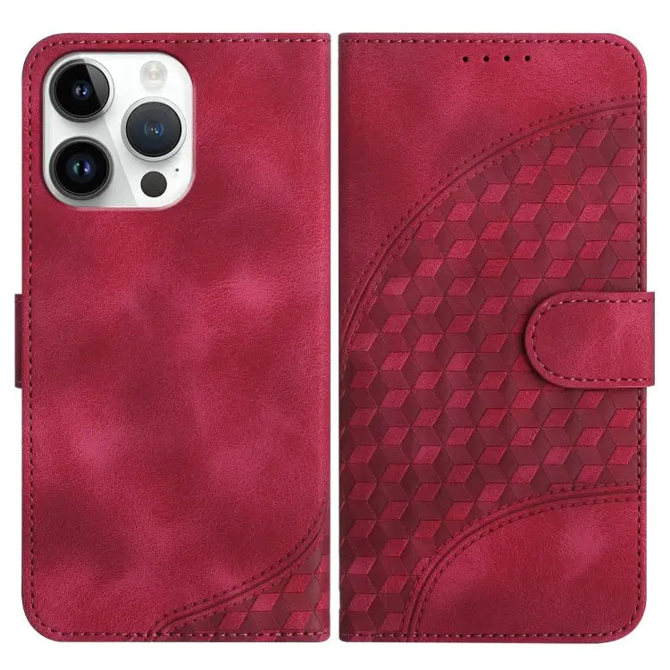YX0060 Elephant Head Embossed Phone Leather Case with Lanyard - For iPhone 14 Pro Max / Rose Red