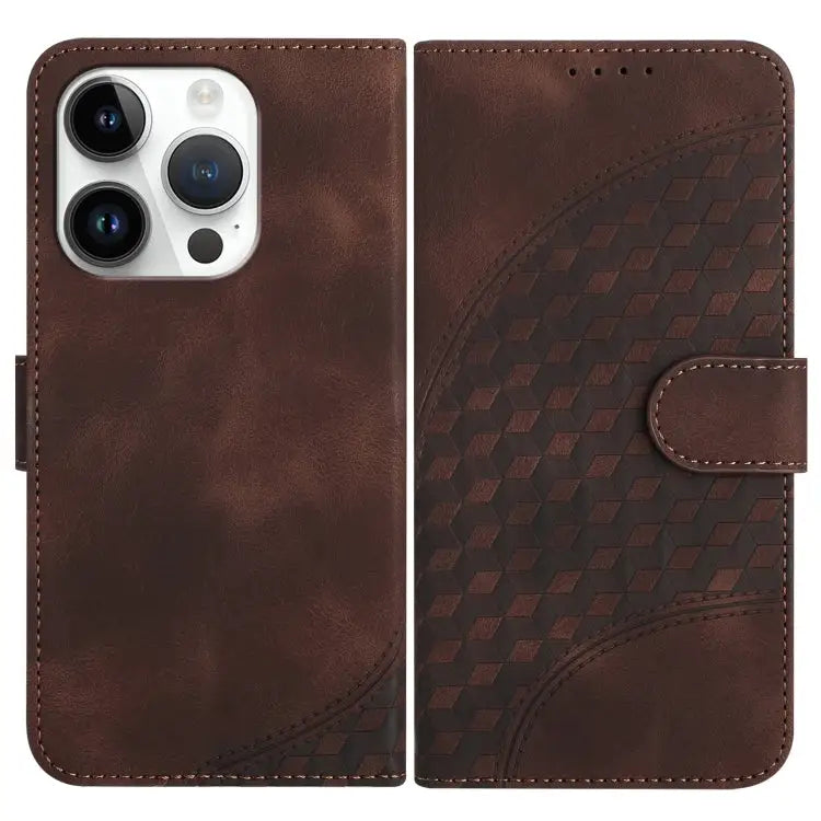 YX0060 Elephant Head Embossed Phone Leather Case with Lanyard - For iPhone 14 Pro / Coffee