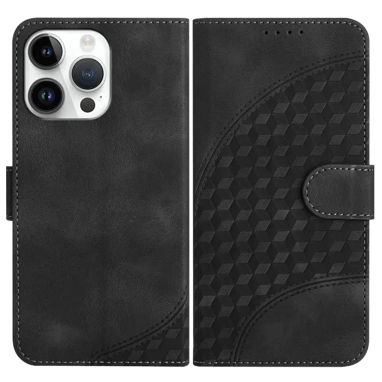 YX0060 Elephant Head Embossed Phone Leather Case with Lanyard - For iPhone 14 Pro Max / Black