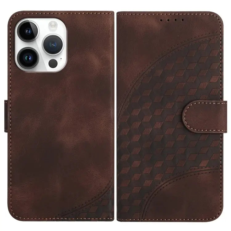 YX0060 Elephant Head Embossed Phone Leather Case with Lanyard - For iPhone 14 Pro Max / Coffee
