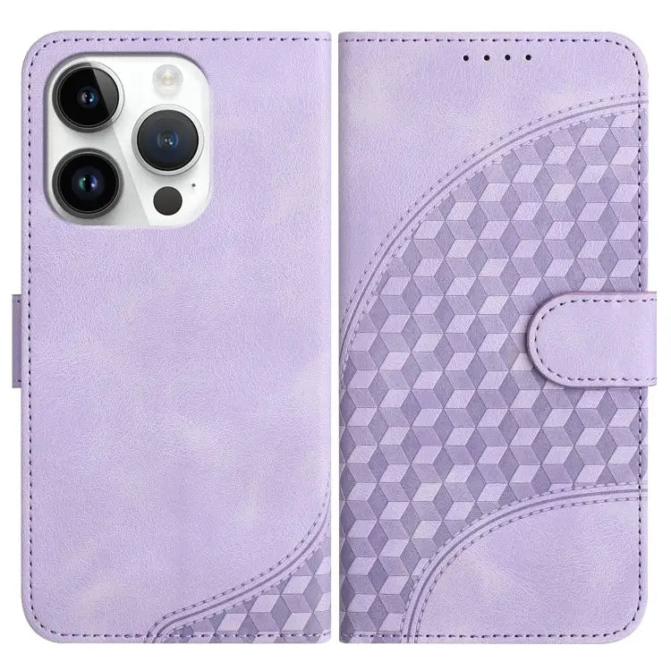 YX0060 Elephant Head Embossed Phone Leather Case with Lanyard - For iPhone 14 Pro / Light Purple