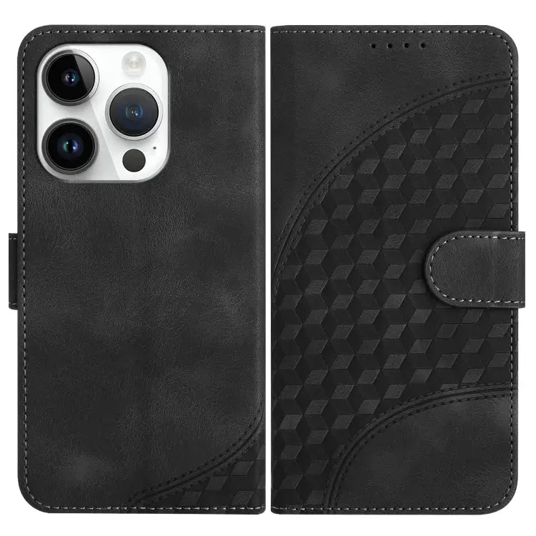 YX0060 Elephant Head Embossed Phone Leather Case with Lanyard - For iPhone 14 Pro / Black
