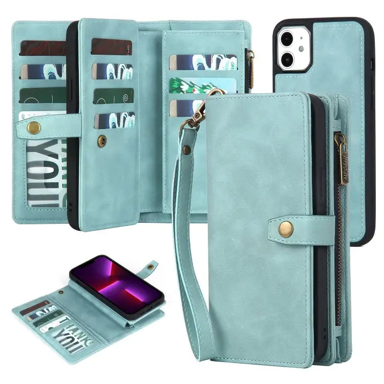 Zipper Wallet Magnetic Detachable Leather Phone Case - For iPhone 11 / Blue