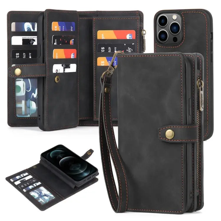 Zipper Wallet Magnetic Detachable Leather Phone Case - For iPhone 11 Pro / Black