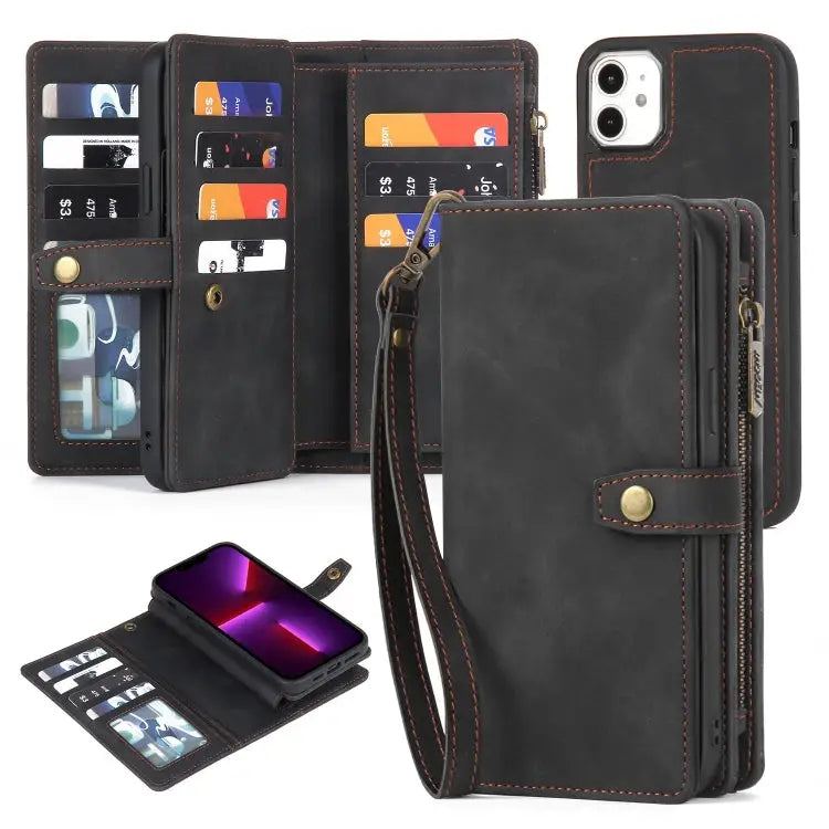 Zipper Wallet Magnetic Detachable Leather Phone Case - For iPhone 11 / Black