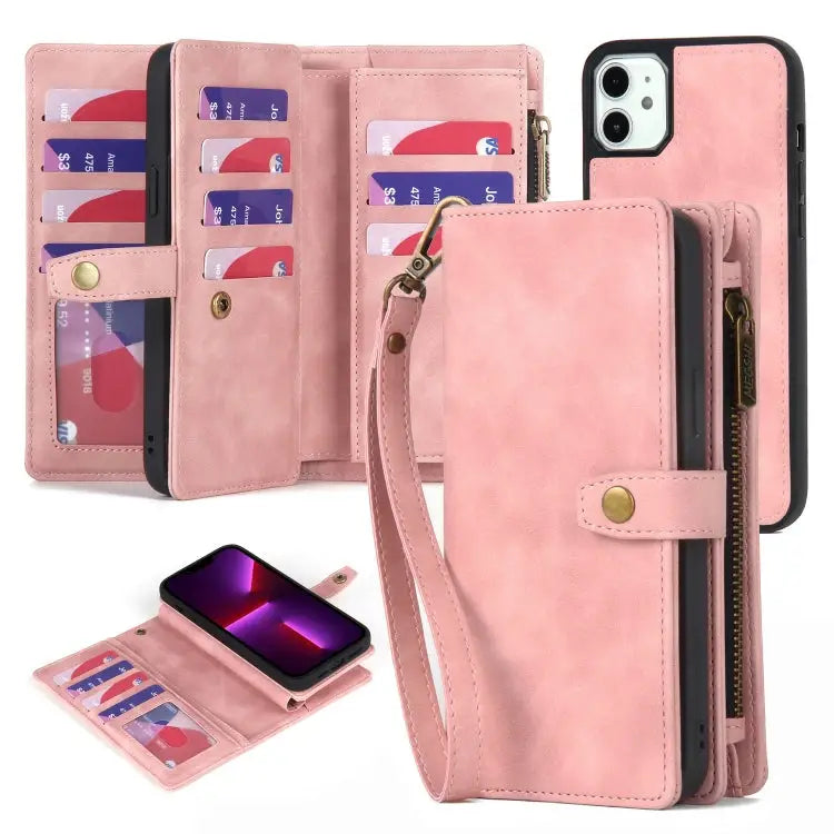 Zipper Wallet Magnetic Detachable Leather Phone Case - For iPhone 11 / Pink