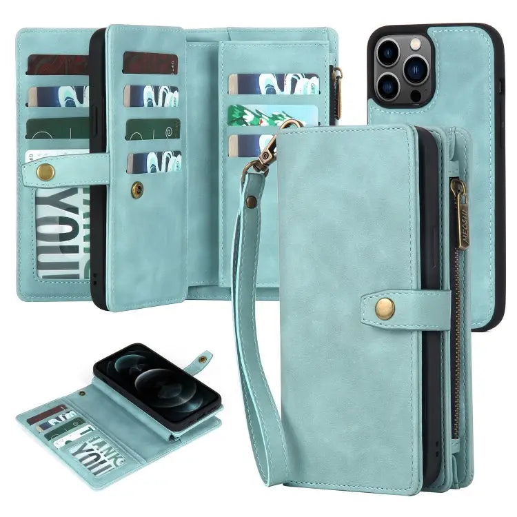 Zipper Wallet Magnetic Detachable Leather Phone Case - For iPhone 12 Pro Max / Blue