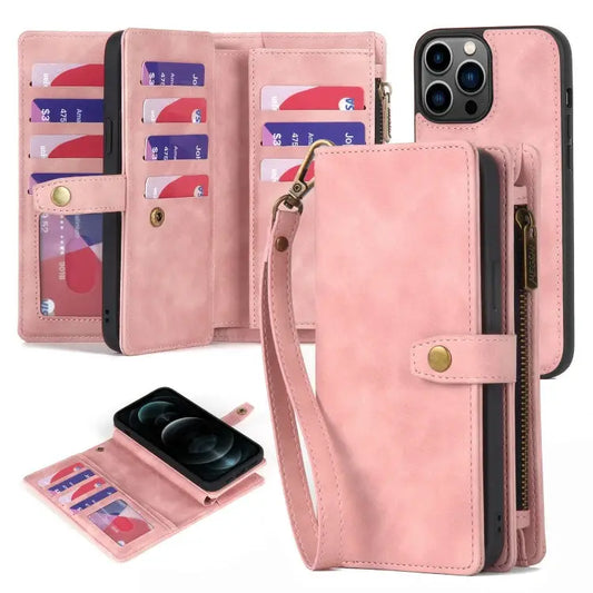 Zipper Wallet Magnetic Detachable Leather Phone Case - For iPhone 12 Pro Max / Pink