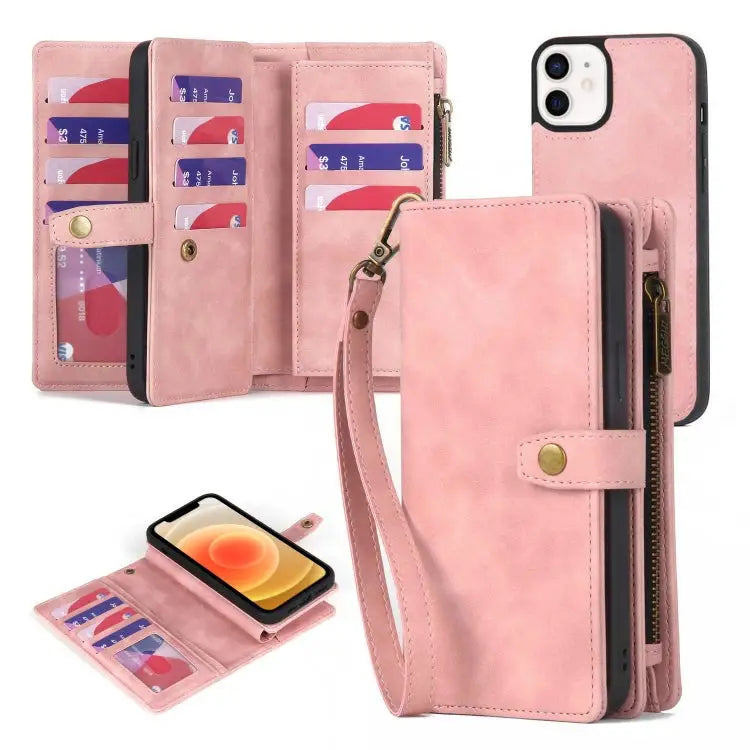 Zipper Wallet Magnetic Detachable Leather Phone Case - For iPhone 7 Plus / 8 Plus / Pink