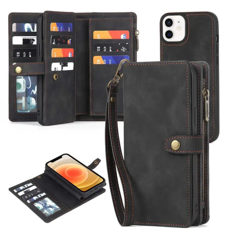 Zipper Wallet Magnetic Detachable Leather Phone Case - For iPhone X / XS / Black
